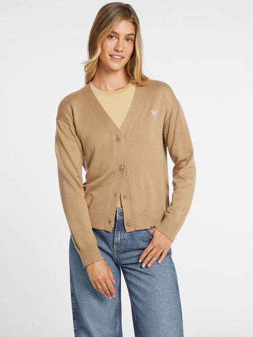 Guess Silk and Wool-Blend Mini Triangle Cardigan Bej | GUESS-SN27306