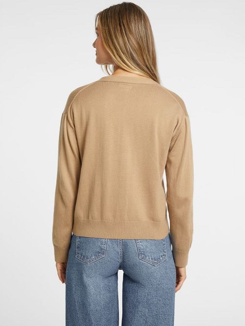 Guess Silk and Wool-Blend Mini Triangle Cardigan Bej | GUESS-SN27306