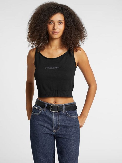 Guess Silk and Wool-Blend Scoop Logo Sweater Tank Negrii | GUESS-SN27439