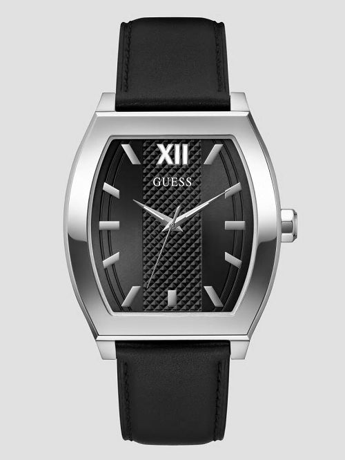 Guess Silver-Tone and Black Leather Analog Watch Argintii | GUESS-SN31670
