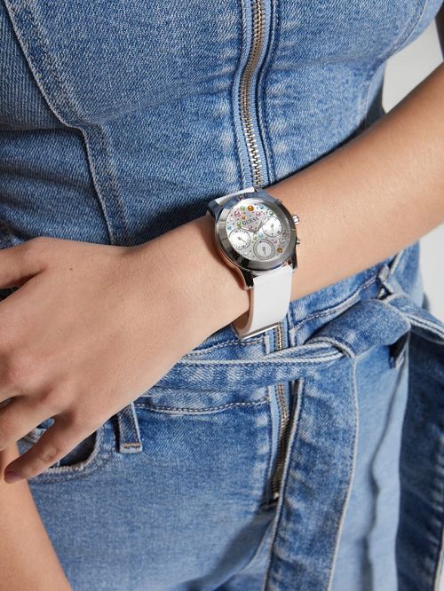 Guess Silver-Tone and White Colored Crystal Multifunction Watch Albi | GUESS-SN29992