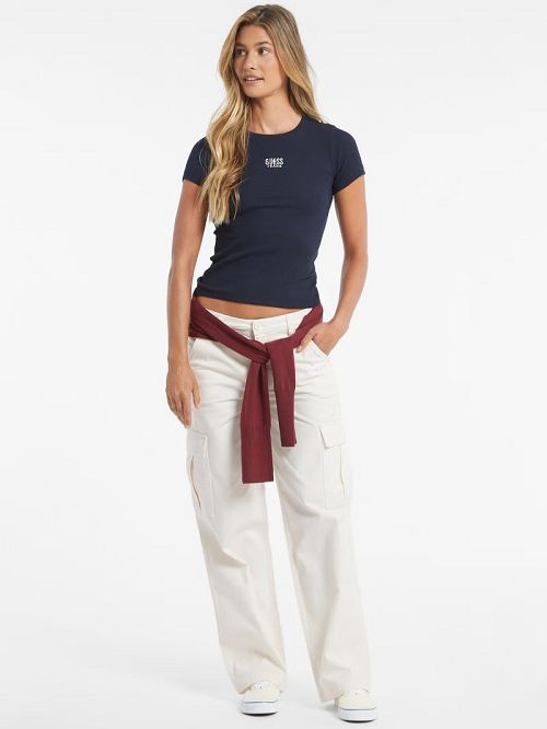 Guess Slim Embroidered Logo Tee Albastri | GUESS-SN27396