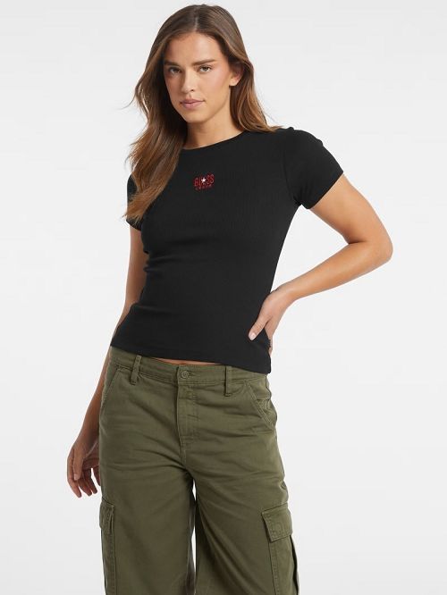 Guess Slim Embroidered Logo Tee Negrii | GUESS-SN27457