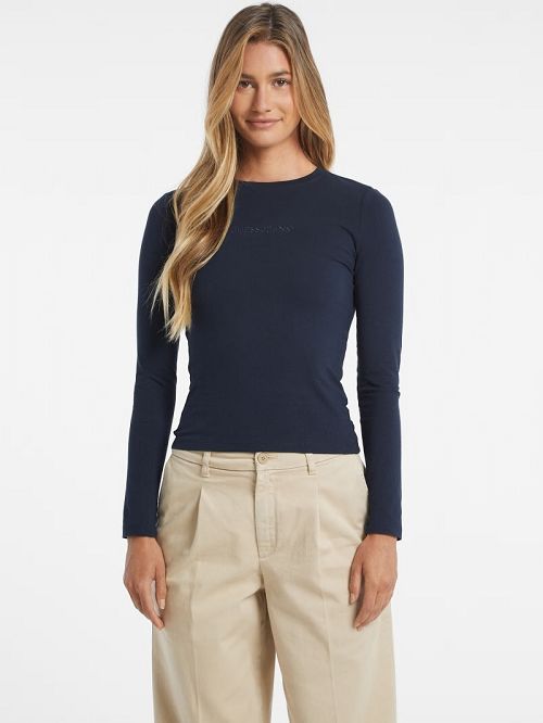 Guess Slim Embroidered Long-Sleeve Tee Albastri | GUESS-SN27564