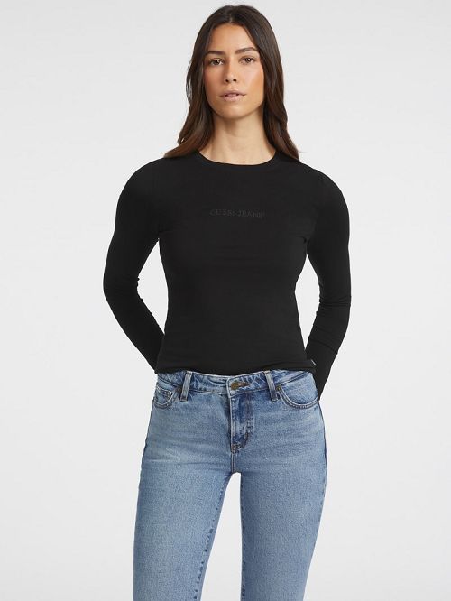 Guess Slim Embroidered Long-Sleeve Tee Negrii | GUESS-SN27565