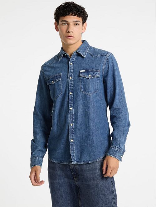 Guess Slim Long-Sleeve Denim Shirt Albastri | GUESS-SN31116
