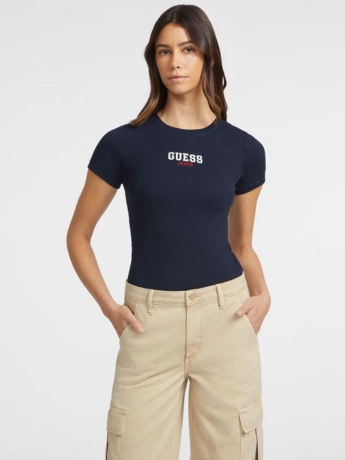 Guess Slim Rib-Knit Embroidered Tee Albastri | GUESS-SN27212