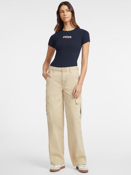 Guess Slim Rib-Knit Embroidered Tee Albastri | GUESS-SN27212