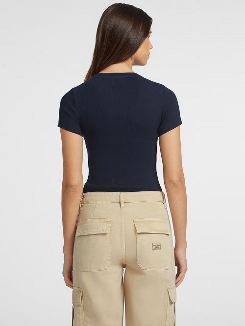 Guess Slim Rib-Knit Embroidered Tee Albastri | GUESS-SN27212