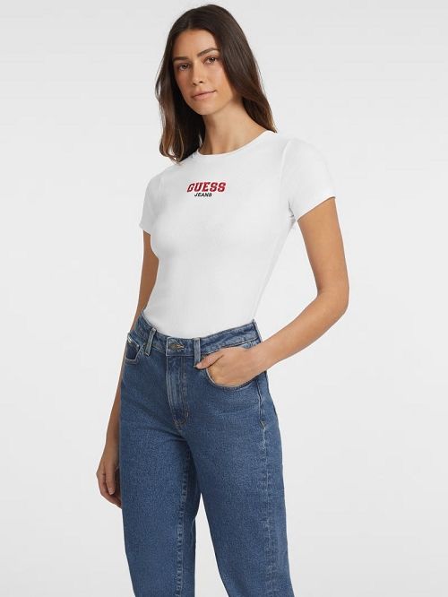 Guess Slim Rib-Knit Embroidered Tee Albi | GUESS-SN27180