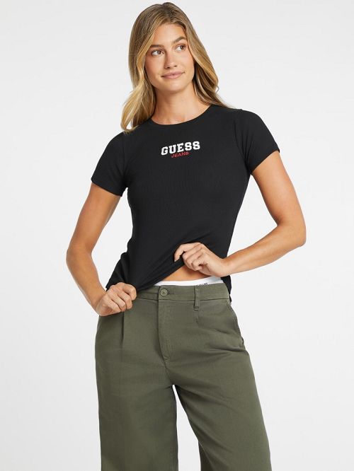 Guess Slim Rib-Knit Embroidered Tee Negrii | GUESS-SN27233