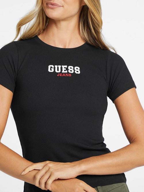 Guess Slim Rib-Knit Embroidered Tee Negrii | GUESS-SN27233