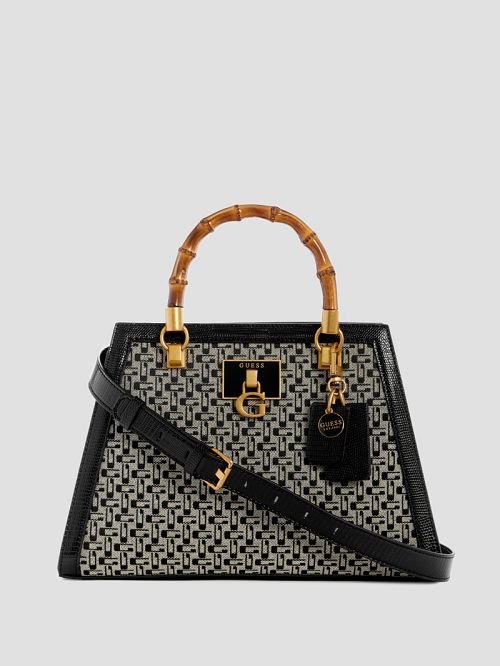 Guess Stephi Jacquard Logo Bamboo Satchel Negrii | GUESS-SN29304