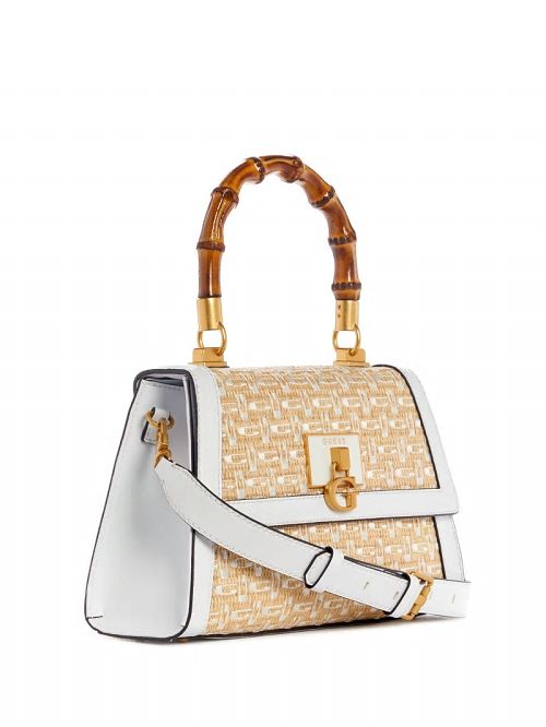 Guess Stephi Straw Logo Bamboo Fold-Over Satchel Albi | GUESS-SN29307