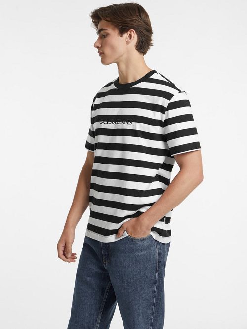 Guess Striped Logo Tee Negrii Albi | GUESS-SN30665