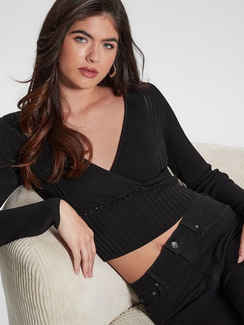 Guess Surplice Soft Bandage Sweater Top Negrii | GUESS-SN27359