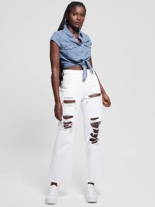 Guess Tie-Front Crop Western Shirt Albastri | GUESS-SN27220