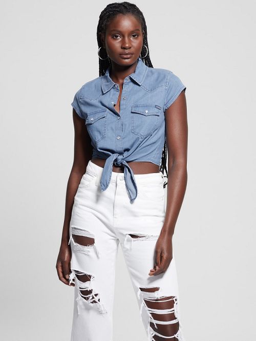 Guess Tie-Front Crop Western Shirt Albastri | GUESS-SN27220
