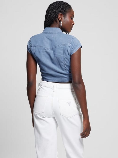 Guess Tie-Front Crop Western Shirt Albastri | GUESS-SN27220