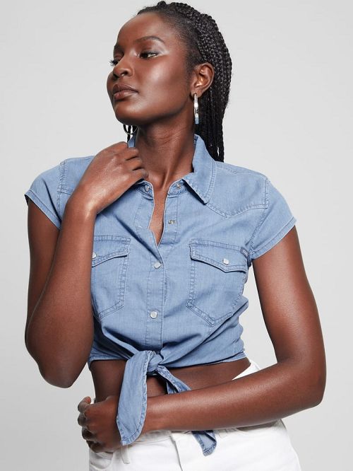 Guess Tie-Front Crop Western Shirt Albastri | GUESS-SN27220