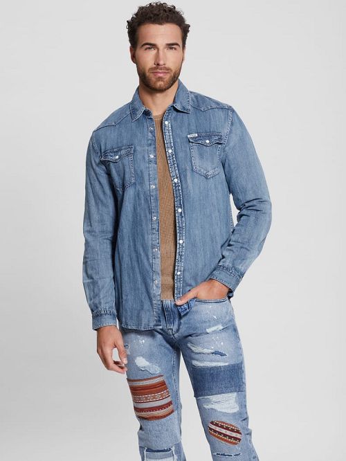 Guess Truckee Long-Sleeve Denim Shirt Albastri | GUESS-SN31107