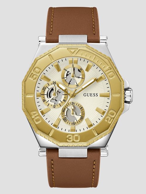 Guess Two-Tone and Brown Leather Multifunction Watch Aurii | GUESS-SN31656