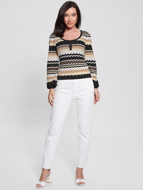 Guess Virginia Chevron Stripe Henley Sweater Negrii Albi | GUESS-SN27585