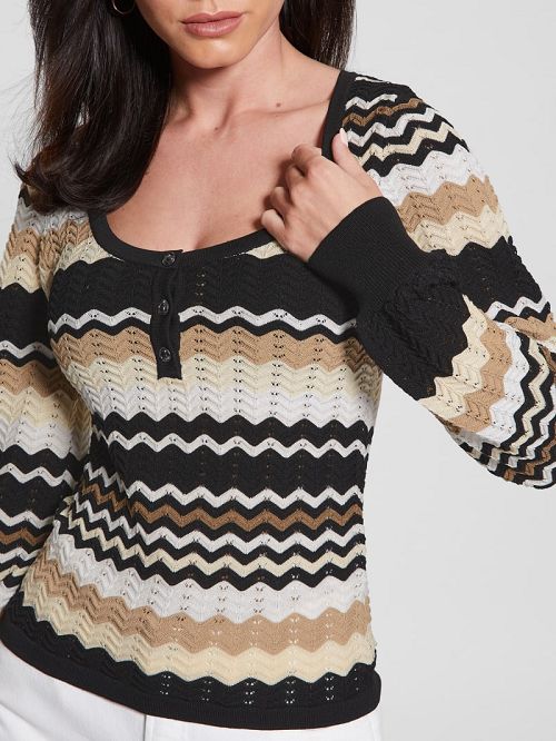 Guess Virginia Chevron Stripe Henley Sweater Negrii Albi | GUESS-SN27585