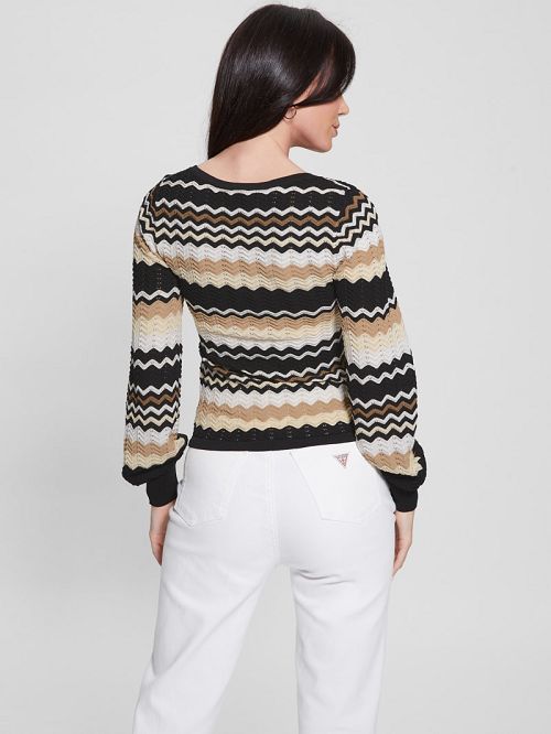 Guess Virginia Chevron Stripe Henley Sweater Negrii Albi | GUESS-SN27585