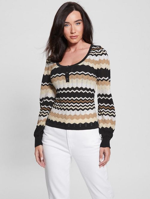 Guess Virginia Chevron Stripe Henley Sweater Negrii Albi | GUESS-SN27585