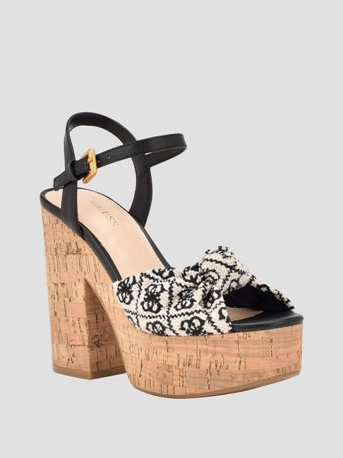 Guess Yipster Logo Platform Heeled Sandals Negrii | GUESS-SN29646